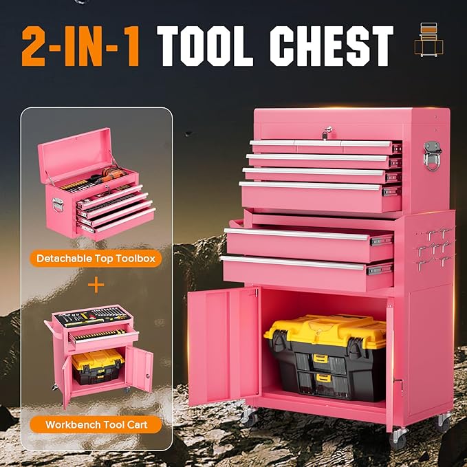Crownland 8-Drawer Rolling Tool Chest with Wheels, Lockable 2 in 1 Detachable Tool Cabinet wit Drawers and Black Liners, Garage Top Toolbox & Bottom Storage Cart with Side Hooks(Pink)