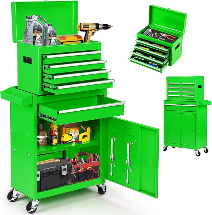 5-Drawer Rolling Tool Chest with Wheels - Large Tool Storage Cabinet with Detachable Toolbox for Repair Room,Warehouse - Rolling Tool Box with Hooks,Liners, Green