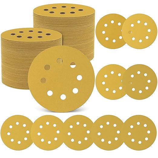 Maxdot 200 Pcs 5 Inch Sanding Discs 8-Hole Hook and Loop Gold Sandpaper, 60-Grit for Random Orbit Sander