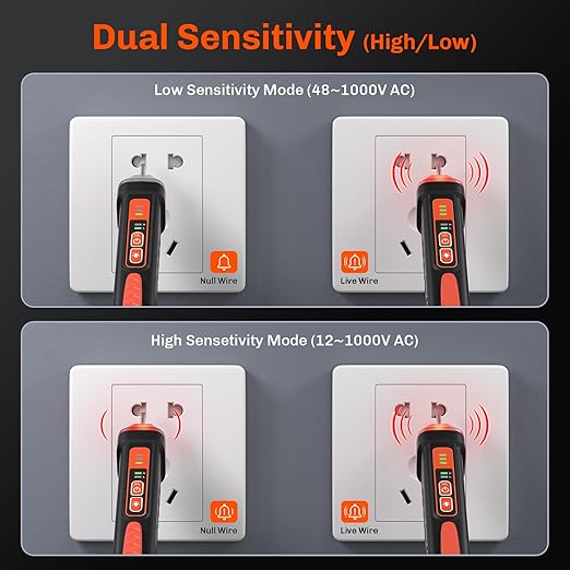 Non Contact Voltage Tester Pen, Electrical Tester Pen, AC 12/48-1000V Dual Sensitivity, Live/Neutral Wire Detector with LED Flashlight & Audible Alarm, Safety Certified, Breakpoint Finder