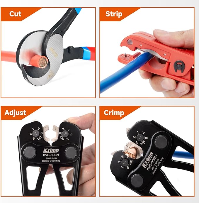 iCrimp Battery Cable Lug Crimping Tool Kit for Copper Lugs Awg 8-1/0,Battery Cable Crimper with 90pcs Copper Battery Lugs/Heat Shrink Tube