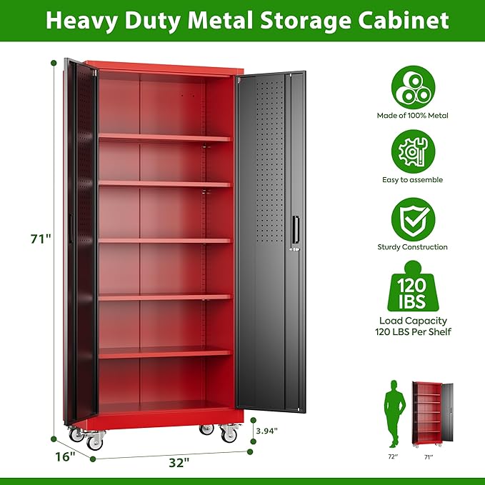 71" Metal Storage Cabinet with Wheels and Pegboard, Lockable Rolling Steel Storage Cabinet with 5 Adjustable Shelves and Door for Garage, Office, Kitchen, Assembly Required,Black and red