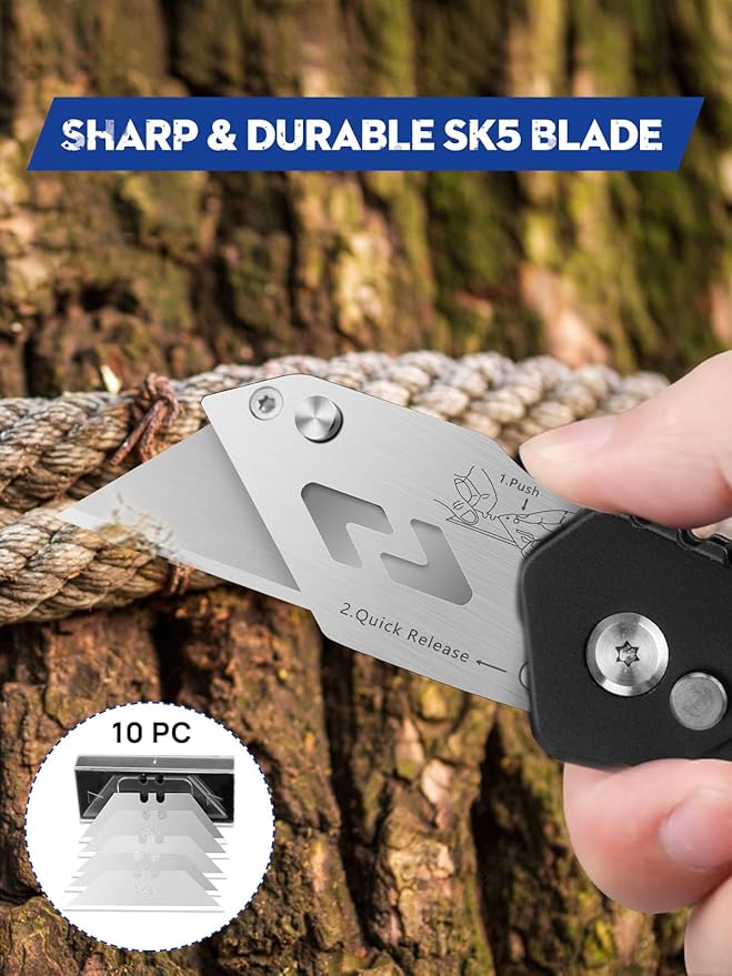 Utility Knife, BIBURY Upgraded Version Heavy Duty Box Cutter, Pocket Carpet knife with 10 Replaceable SK5 Stainless Steel Blades, Belt Clip, Easy Release Button, Quick Change and Safety Lock-Black