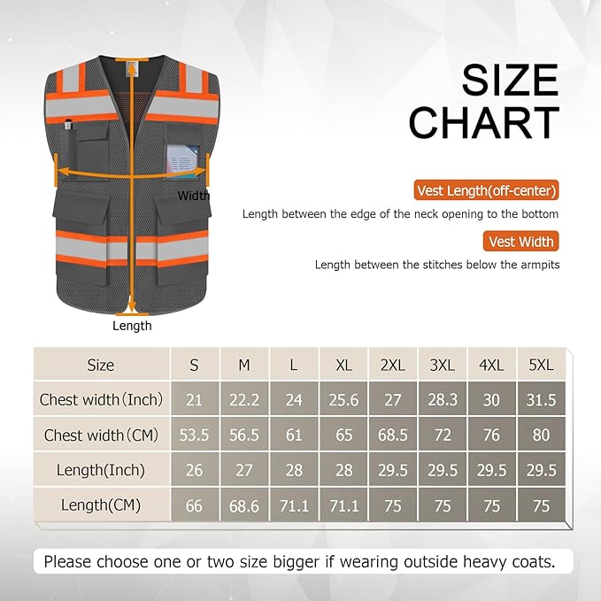 TCCFCCT Reflective Safety Vest 5 Pockets Mesh High Visibility Vest for Men Women, Hi Vis Construction Work Vest with Fluorescent Orange Edge, Durable with Reinforced Sewing, Meet ANSI/ISEA, DW-Grey, XL