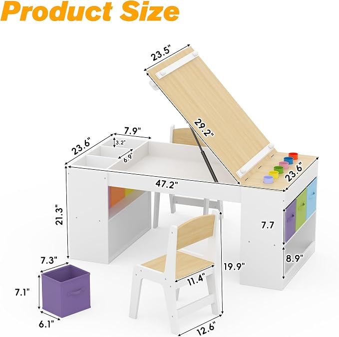 Kids Art Table and 2 Chairs Set, Wooden Craft Desk - Image 7