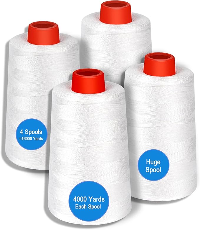White Sewing Thread, Serger Thread Cones 4 Pack, 40S/2-24000 Yards White All by AOFITOA