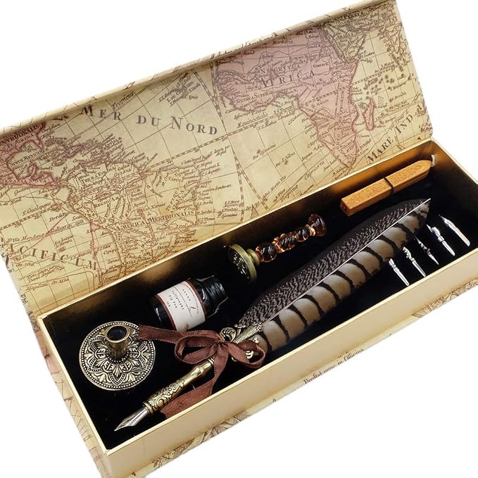Antique Quill Pen Unique Half-Patterned Feather Pen Set by GC+QUILL