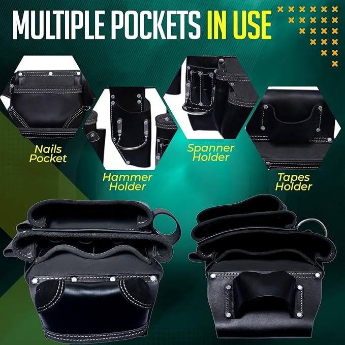 RISING STAR WEARS PURE BLACK LEATHER TOOL BELT POUCH PERFECT FOR CARPENTERS, PLUMBERS, ELECTRICIANS, GARDENERS AND CONSTRUCTION WORKERS MULTIPURPOSE 18 POCKETS POUCH WITH FRAMING TOOL BAGS
