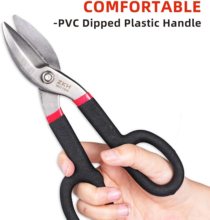 ZKH 8 Inch Tin Snips, Alloy Steel Forged Heavy Duty Metal Shears with Comfortable Two-Color PVC Dipped Plastic Handle, Metal Snips for Cutting Sheet Metal