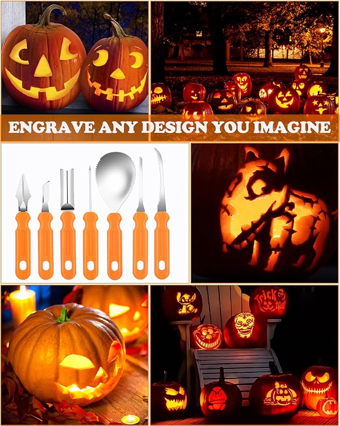 Halloween Pumpkin Carving Tools Kit, Professional and Heavy Duty Stainless Steel Pumpkin Cutter Knife Saw Scoop Tools Set for Kids or Adults, 7Pcs Carving Set for Halloween Decoration Jack-O-Lanterns