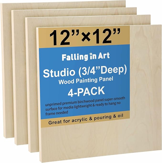 Falling in Art 4 Pack 12x12’’ Unfinished Birch Wood Panels Kit by FallinginArt