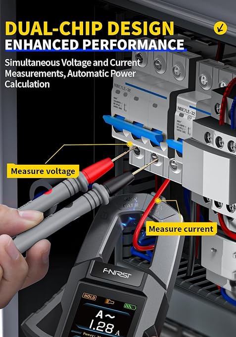 【Newly Upgraded】 FNRSI DMC-100 10000-Count True RMS Clamp Meter, 600A AC/DC Current & 750V Voltage Tester, NCV Detection, Temperature, Color Screen with Waveform, Power Meter, Type-C Rechargeable