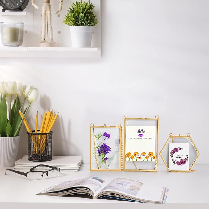 AVLA 3 Pack Pressed Flowers Glass Frames, Brass Hanging Picture Frames - Image 8