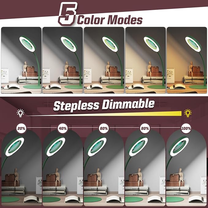 10X Magnifying Glass with Light and Stand, 5 Color Modes Stepless Dimmable LED - Image 3