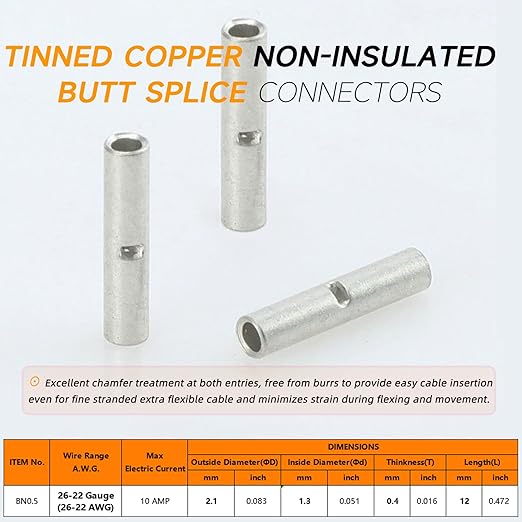 SVAAR 100PCS 26-22 Gauge Non Insulated Butt Connectors 26-22 AWG Uninsulated Butt Splice Connectors Crimp Repair Butt Splices Kit Tinned Copper Marine Grade Seamless Barrel Crimp Butt Splice Terminals