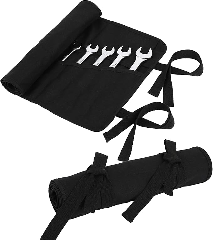Tool Bag, Heavy Duty Waxed Canvas Wrench Tool Roll Up Pouch, Multi-Purpose Small Hand Tools Organizer Holder with 24 Pockets (Black)