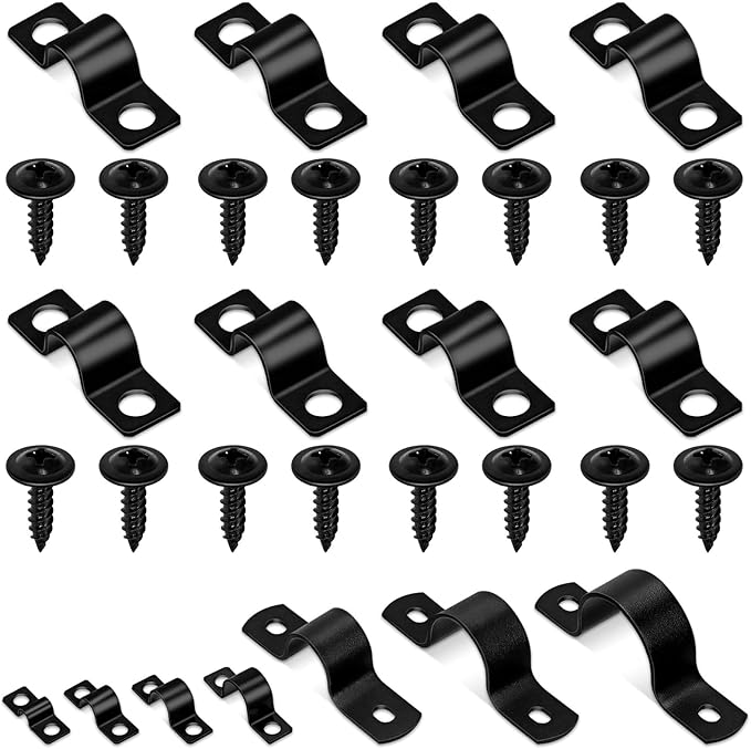 Glarks 75pcs 8mm Pipe Strap Clamp, Black Carbon Steel 2 Hole Strap Heavy Duty Rigid Pipe Strap U Bracket Tube Strap Cable Clamp Hanger Tension Tube Clip with screw for Pipe Tube Cable Fixing