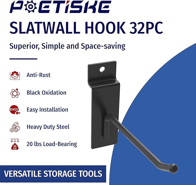POETISKE Slatwall Hooks 32PC 4 Inch Slatwall Accessories - Heavy Duty Pegboard Gridwall Hooks for Retail & Garage Organization - Black