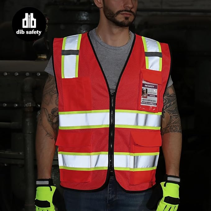 Dib Safety Reflective Mesh Vest High Visibility Two Tone with Pockets and Zipper, Red Mesh with Yellow Trim 3XL