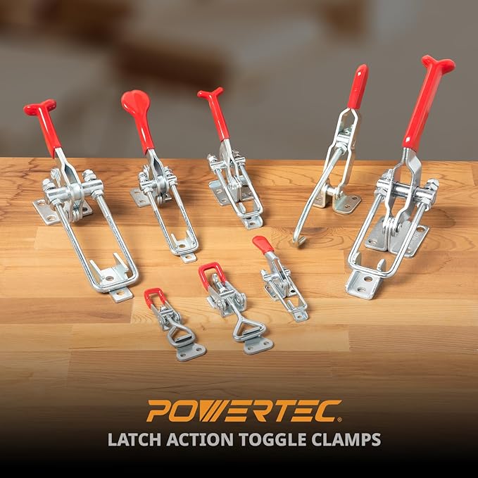 POWERTEC 2PK Toggle Clamp with J Hook, 375 lbs Holding Capacity, 451 Adjustable Pull Action Latch for Smoker, Tool Box, Woodworking Jigs and Fixtures, Cabinet, Lids, Door, Truck (20308-P2)