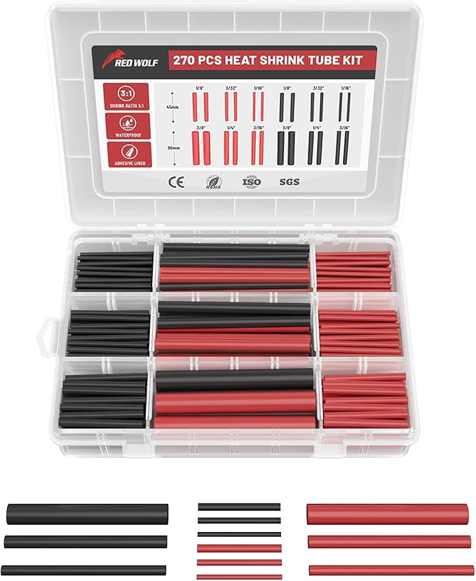 RED WOLF Waterproof Red and Black Heat Shrink Tubing Kit 270PCS, 3:1 Shrinkage Ratio, Adhesive Lined Electrical Cable Harness Heat Shrink Tube Marine Grade for Wire Wrap Connection Insulation