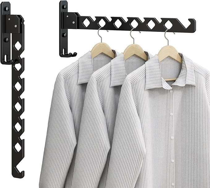 Wall Mounted Clothes Drying Rack, Wall Clothes Hanger Hook for Laundry Room, Clothes Hanger Foldable, Wall Clothes Rack Indoor, Perfect for Small Spaces, Matte Black 2 Packs