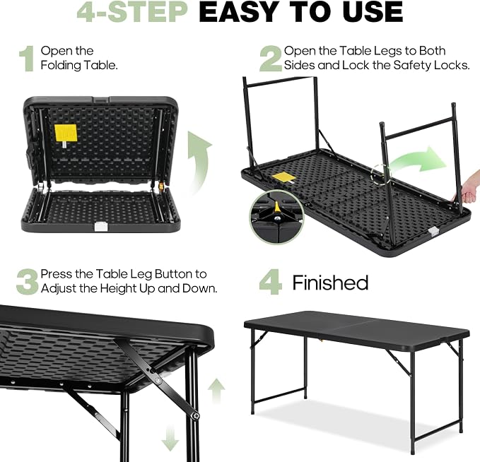 4ft Folding Table with Adjustable Height, 3-Level Foldable Table with HDPE Top - Image 5