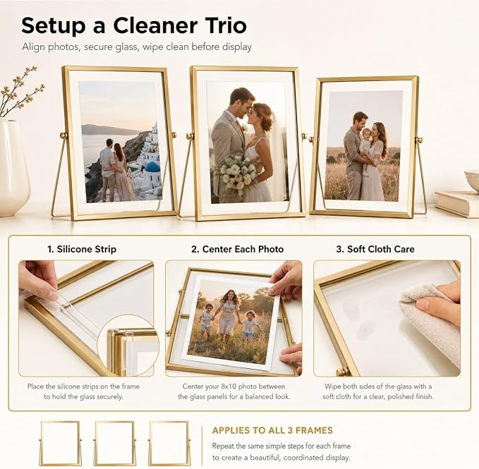 AceList Floating Picture Frame, 3 Pack 8x10 Gold Double Glass | Clear - Image 6