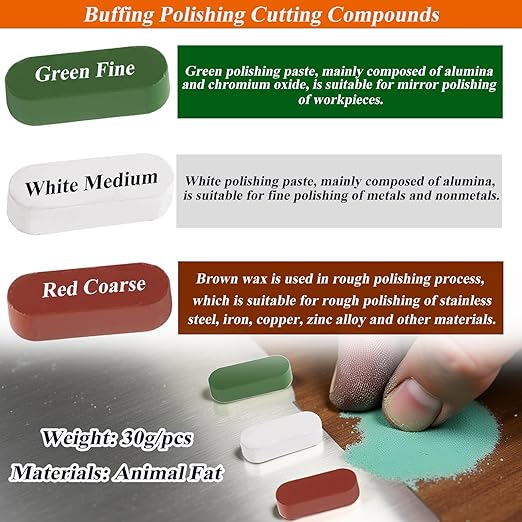 Metal Buffing Polishing Compound Kit,Buffing Wheel Compound Including White Diamond,Red Rouge, General Green(3 Pack, 3.5 Oz)