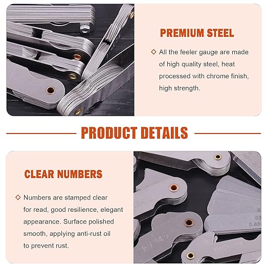 Tanstic 6Pcs Stainless Steel Feeler Gauge and Radius Gauge Set, 5Pcs R0.3-1.5/ R1-6.5/ R7-14.5/ R15-25/ R25-50 Radius Fillet Gauge with 32 Blades 0.04-0.88 mm Metric and Imperial Gap Measuring Tool
