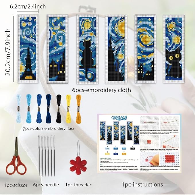ORIGACH 6 Set Starry Night and Black Cat Cross Stitch Bookmark Kit - Image 2