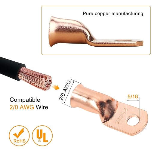 2/0 AWG Battery Lugs 00 Gauge Copper Lugs 2/0 AWG 3/8" & 5/16" Ring Terminals Cable Lugs, 00 AWG Bare Copper Lugs Kit 8 PCS 00 Gauge Wire Lugs + 8PCS 3:1 Heat Shrinks + Hex Nuts + Flat Washers