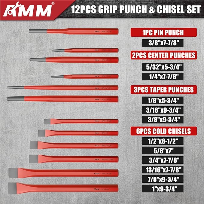 AMM 28 PCS Heavy Duty Punch and Chisel Set, Including Taper Punch, Cold Chisels, Pin Punch and Center Punch, Cr-V, Ideal for Working with Wood, Metal, Automotive, Sculpture, etc