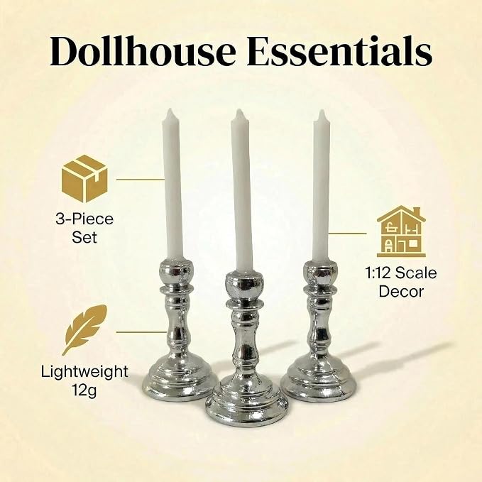 3PCS Vintage Miniature Candlesticks Set 1:12 Scale Metal Base Candle Holder - Image 7