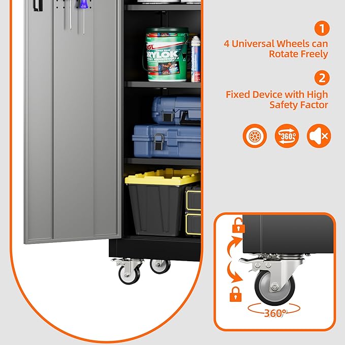 Metal Garage Storage Cabinet with Pegboard, 71''H*32" W*16" D Rolling Tool Cabinets on Wheels with 5 Adjustable Shelves for Garage Home Warehouse Utility Room, Assembly Required,Black and Grey