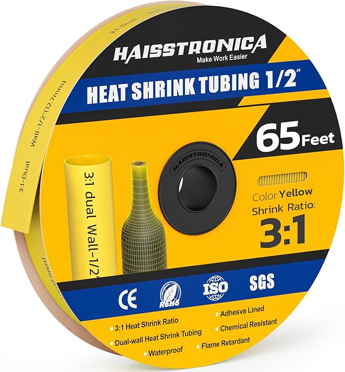 haisstronica 3:1 Heat Shrink Tubing, Shrink Ratio Adhesive Lined Marine Grade Heat Shrink Tube for Home, Automotive and Industrial (Yellow) 65FT 1/2inch