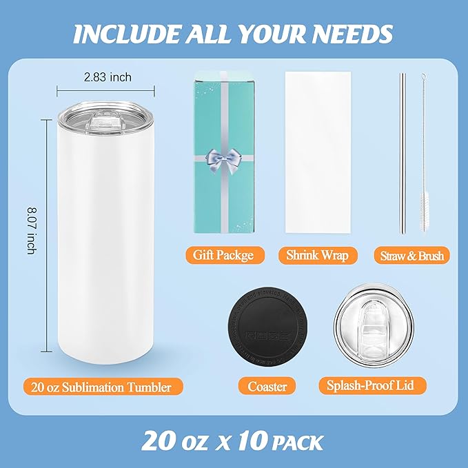 Joyclub Sublimation Tumblers 20 oz 10 Pack Flat Bottom Sublimation Blanks Bulk - Image 3