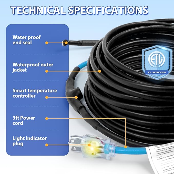 120V 9FT Self-Regulating Pre-assembled Water Pipe Heat Cable for Pipe Freeze Protection, Energy-Saving Pipe Heating Cable Keeps Water Flowing at -40°F