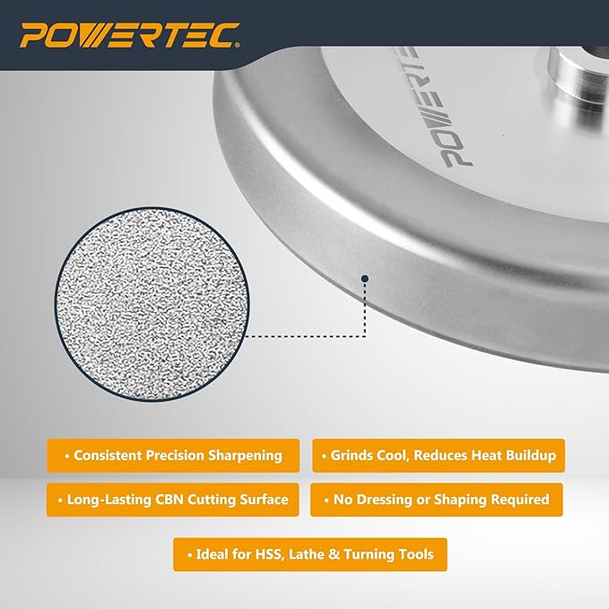 POWERTEC CBN Grinding Wheel 8 Inch 600 Grit, 1-1/4" Wide, 5/8" Arbor – 4-in-1 CBN Sharpening Wheel with 1/4" Radius Edge and Side Face for Bench Grinder (15706)
