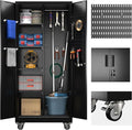 Garage Storage Cabinet with Wheels and Pegboard, Metal Tool Storage Cabinet with Hanging Rod and Hooks for Garage, Bathroom,Need to Assemble,(Black)