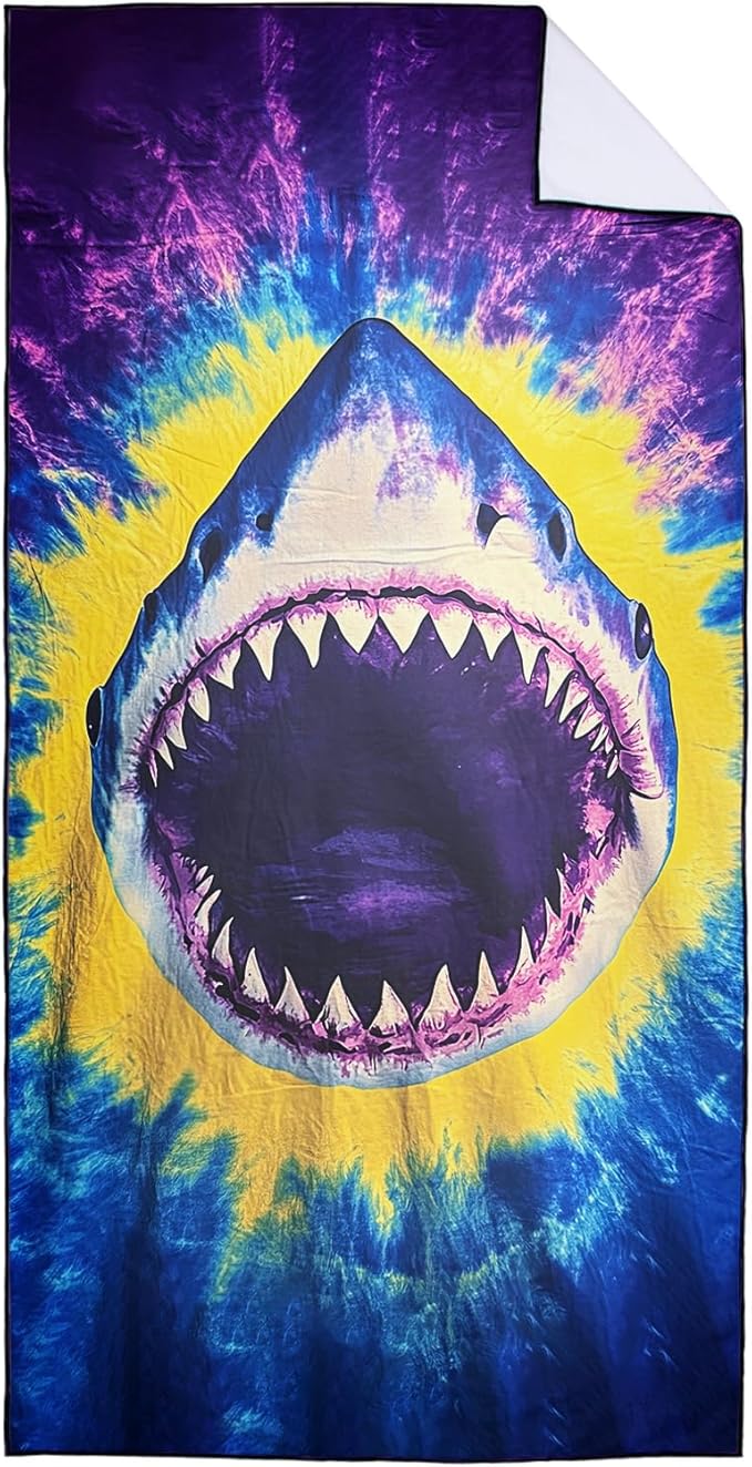 Tie Dye Shark Beach Towel Oversized 36" x 72", Thin Lightweight Sand Free Quick Dry Microfiber Towel for Swimming Pool Cruise Camping Travel