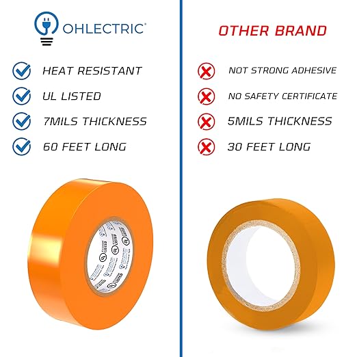 OHLECTRIC Professional Grade Vinyl Electrical Tape (1 Pack) Orange - 7 Mil Thick Flame-Retardant, Heat & Weather Resistant 3/4 Inch x 60 Feet | Ideal for Contractors & Electricians