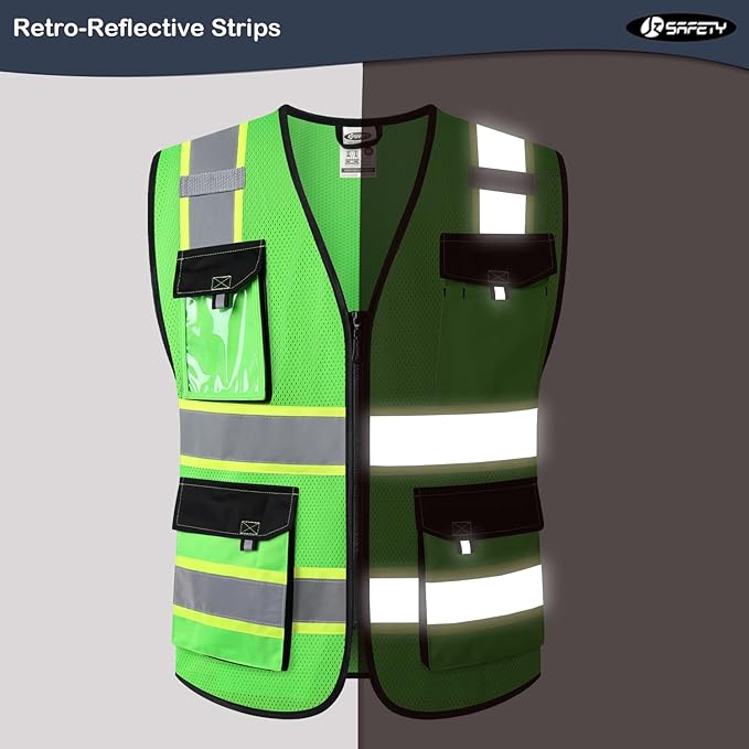 JKSafety Hi Vis Reflective Safety Vests for Men Women High Visibility Vest with Pockets Mesh Fabric Construction Safety Apparel Neon Vest for Work (220-Green 3XL)