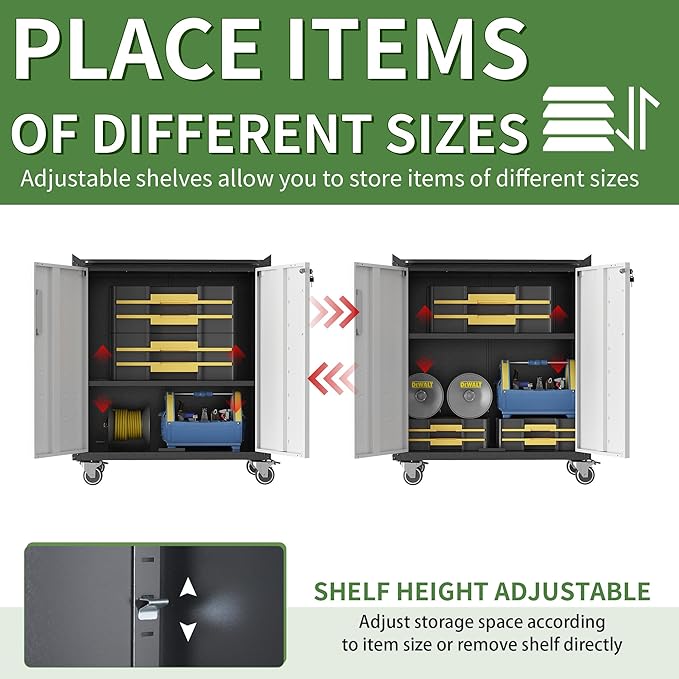 Garage Tool Storage Cabinet,Mobile Heavy Duty Metal Tool Chests & Cabinets with Lockable Doors,Black Rolling Tool Cabinets with Wheels,Assembly Required