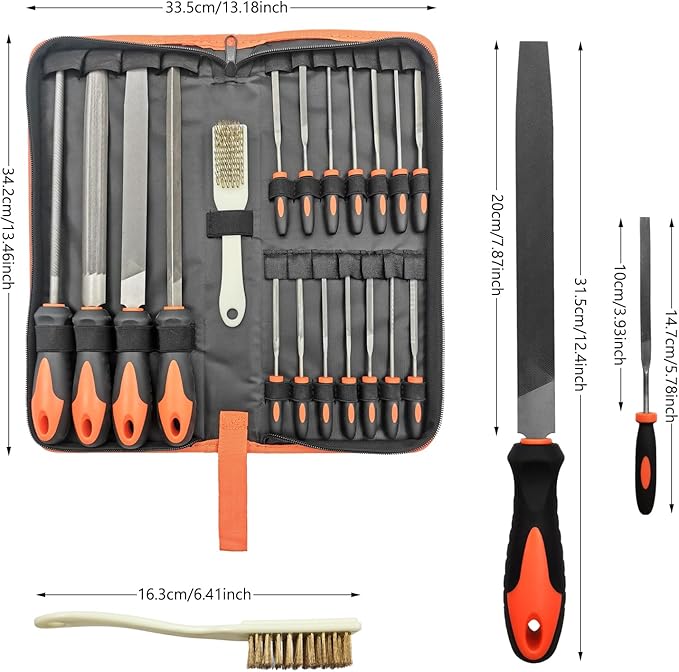 20 PCS Metal File Set with Case, Includes Flat/Half-Round/Round/Triangle Steel File, Half-Round Wood File