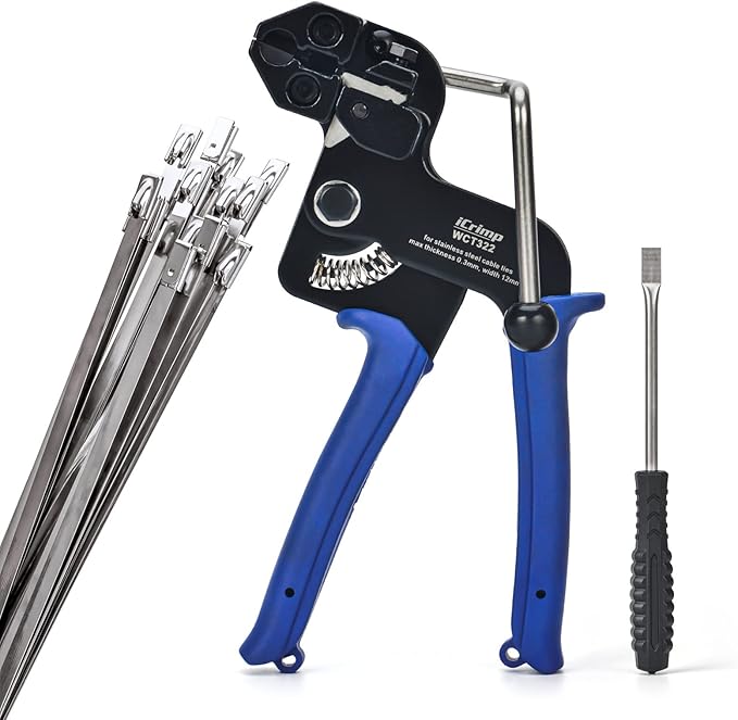 iCrimp Stainless Steel Cable Tie Tool Zip Gun with Built-in Cutter,extra Release Tool and 100pcs 11.8 inch Metal Cable Ties included