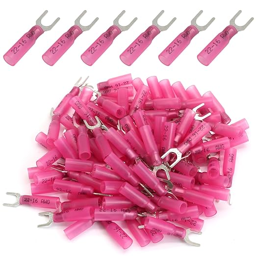 Hordion 100PCS 22-16 AWG Fork Connector, Red Heat Shrink Fork Terminals Waterproof and Insulated Electrical Crimp Connectors for Boat Truck Stereo