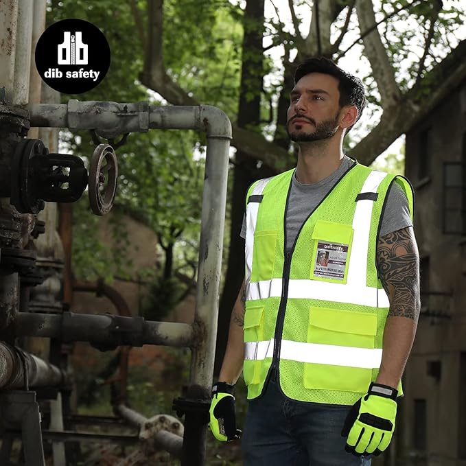 Dib Safety Reflective Vest Mesh, High Visibility Vest with Pockets and Zipper, Construction Work Vest ANSI Class 2, Yellow Mesh XL