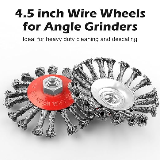 5 Pack 4.5 Inch Twist Knotted Wire Wheel for Angle Grinders, with 5/8 Inch-11 Threaded Arbor, for Heavy & Light Duty Work