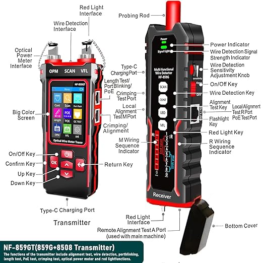 NF-859GT Network Cable Tester with Optical Power Meter10mw DualHead Visual Fault Locator,for POE/RJ45RJ11CAT5 CAT6 CAT3 Tone Probe KitEthemet Wire TracerFiber Tester LAN Network Tools